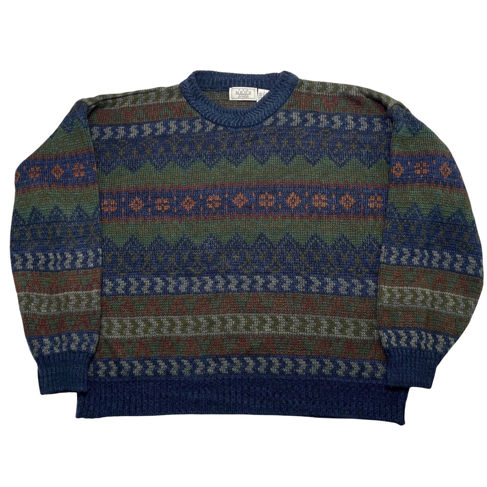 Vintage Sears‎ Mens Store Fair Isle Sweater Large Blue Geometric Knit Cabincore